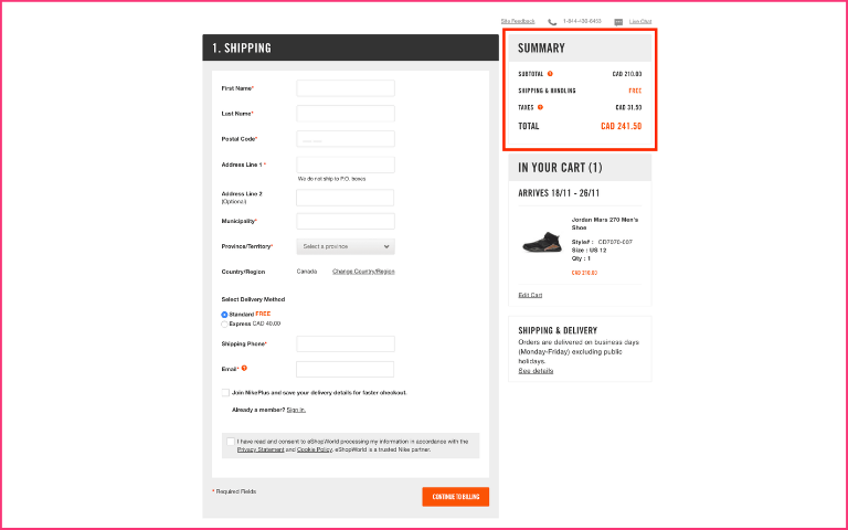 A checkout page showing additional fees