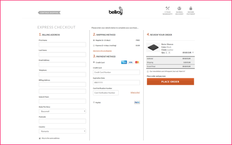 A three-column checkout flow