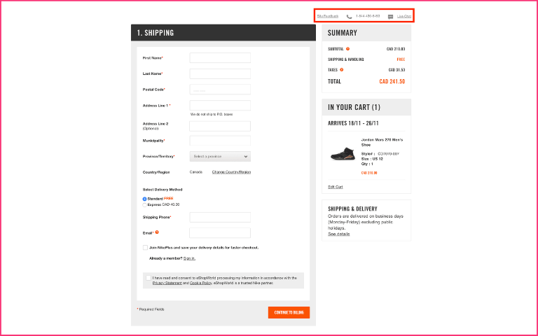 Customer care details on a checkout page