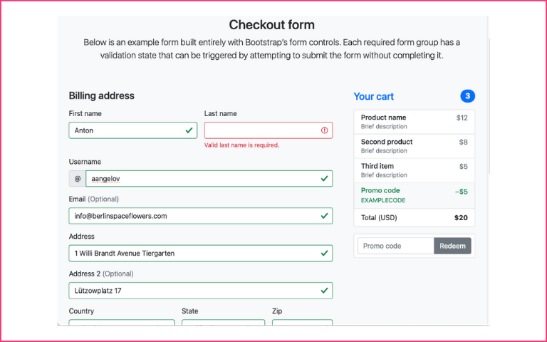 A checkout form assisting users