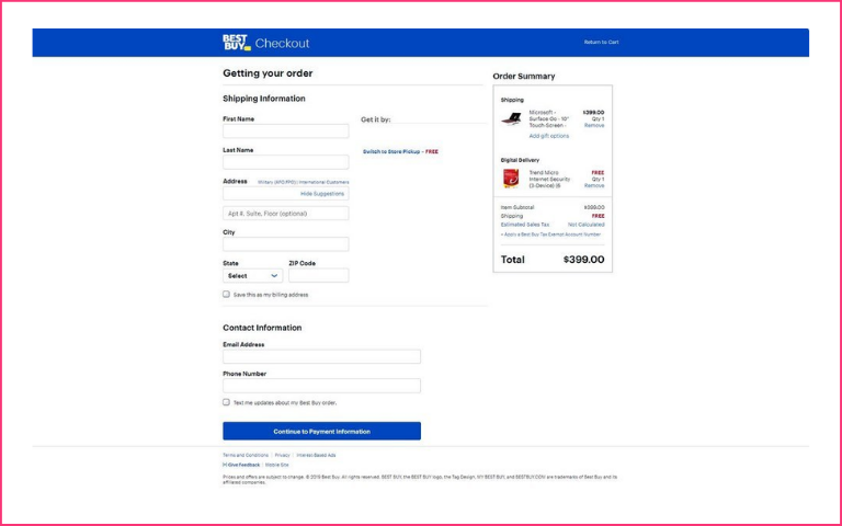 An example of a one-page checkout